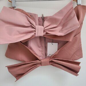 ZARA WOMAN NWT CUT-OUT TAFFETA TOP WITH BOWS BROWN SZ XL